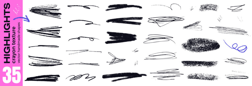 Charcoal highlight scribbles with line emphasis and pencil texture. Random divider marks in messy freehand charcoal on white. Bold highlight underline vector strokes with grunge art and squiggles.
