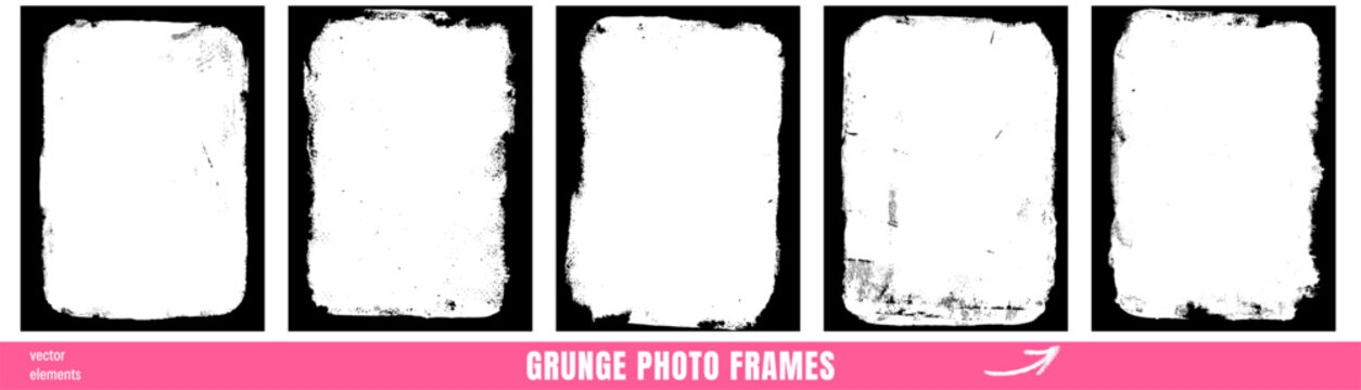 Frames and border for paint spray grunge photo mockup with torn brush edges. Worn old frame template for vintage music poster. Vector rough vignette for interior wall print or promo banner bg design.