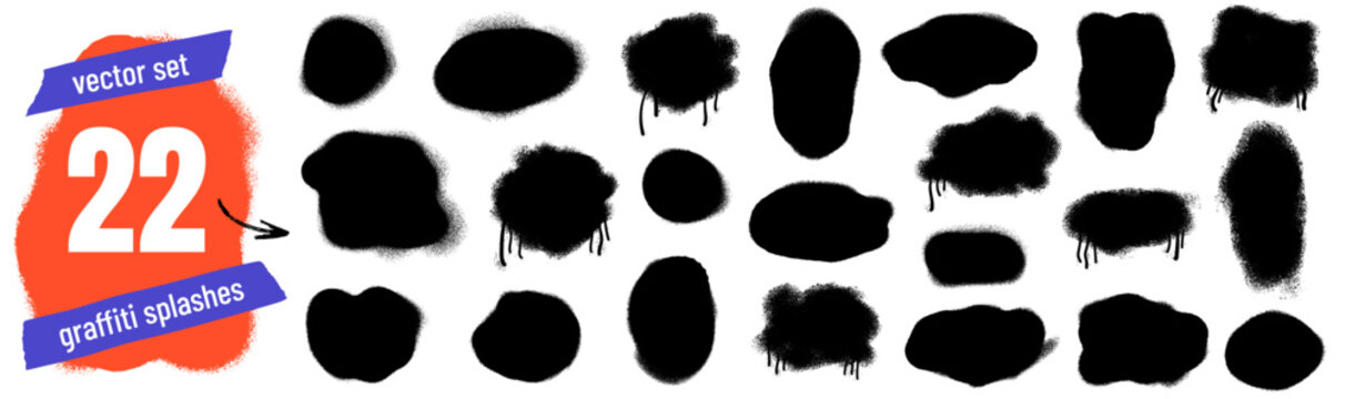 Spray paint spot shapes set with liquid drip for graffiti frame and callout. Black paint spray blob patches in rough textured ink. Urban vector pack with organic splatter for wall art and education.