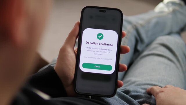 Person donating to medical care through a charity app on a smartphone. Sequence shows cause selection and successful confirmation. Perfect for philanthropy, social impact, and non-profit marketing.