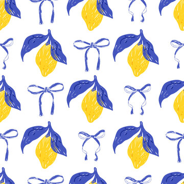 Coquette lemon pattern with bow ribbon on seamless summer print. Whimsical lemon and leaf in blue crayon with flirtatious bows for textile. Italian coastal vector in preppy aop pattern on white bg.