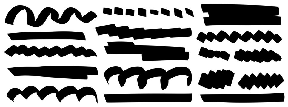 Doodle underline marks with wavy zigzag and straight stroke shapes for highlight notes. Hand drawn doodle underline scribble for text emphasis. Vector marker irregular patch collection isolated.
