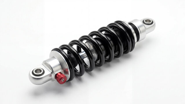 Premium black spring shock absorber with red adjustment knob for motorcycle or bike, isolated on white background