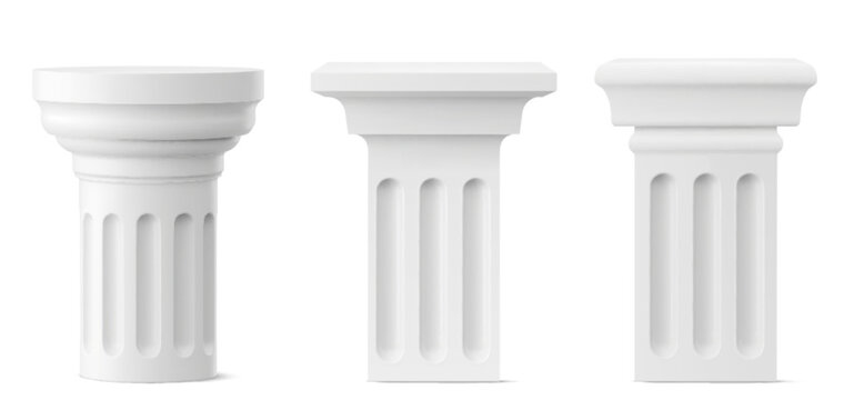 White marble column podiums set isolated on background. Vector realistic illustration of Greek architectural design element, 3D pedestal stand for luxury product presentation, classical pillar display