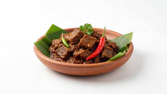 Delicious authentic beef rendang, a spicy Indonesian and Malaysian dish, served with chilies, isolated on white background