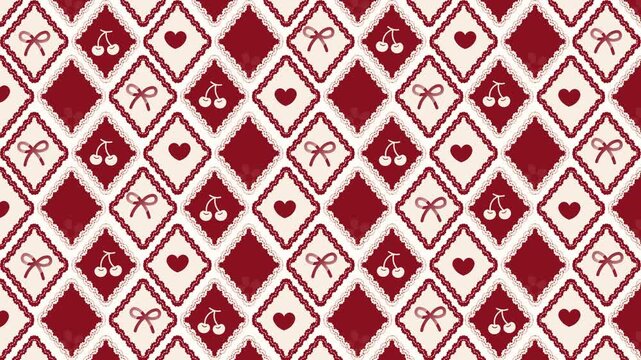 4k footage animation of coquette seamless red argyle pattern with a classic preppy vibe, scalloped-edge diamonds filled with cherries, heart, ribbon, sweet, feminine look Playful trendy coquette bow 