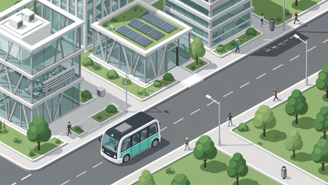 Modern eco-friendly city street with green spaces, solar panels, and autonomous shuttle