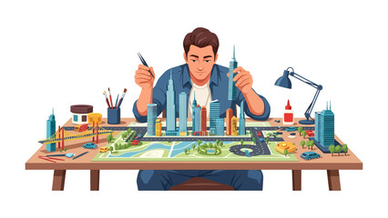 Fototapeta premium Architect Building City Model: A focused architect meticulously crafts a detailed city model, surrounded by skyscrapers, streets, and miniature greenery, showcasing urban planning and design.