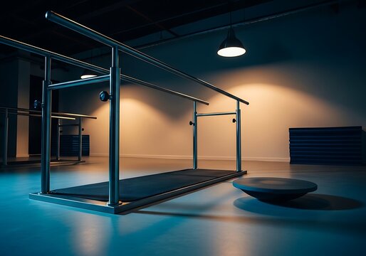Empty Gym with Parallel Bars and Bosu Ball, Dark Moody Lighting