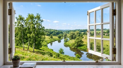 Fototapeta premium Open Window Framing Picturesque River and Lush Green Landscape Under Sunny Sky.