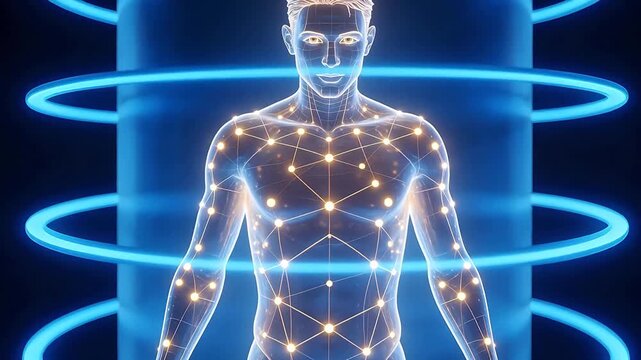 Human body with glowing network and rings