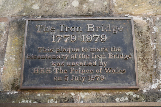 Historic Bronze Plaque Marking The Iron Bridge Bicentenary 1779-1979 In Ironbridge, Shropshire, England, Unveiled By Hrh The Prince Of Wales.