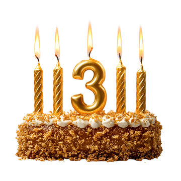 Birthday cake with thirteen lit golden candles on white background minimal celebration