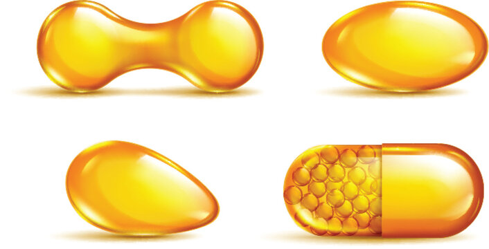 Realistic vector illustration of omega three fatty acid softgel capsules in various organic shapes and sizes vectore