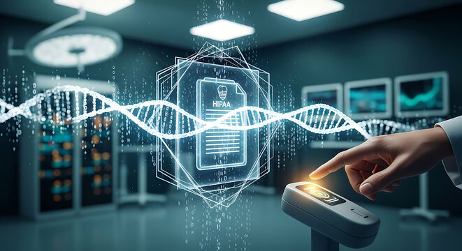 Futuristic HIPAA Compliance Concept with Hand Using Biometric Fingerprint Scanner for Secure Digital Medical Records and Healthcare Data Privacy