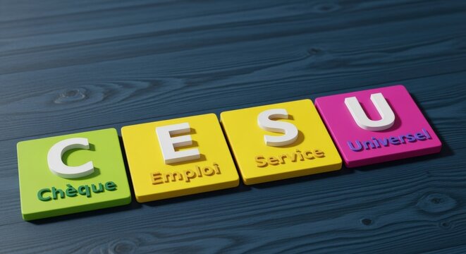 Three Dimensional Blocks Spelling CESU: Ch&egrave;que Emploi Service Universel on a Blue Wooden Surface