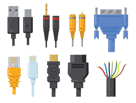 Vector illustration of digital hardware connection cables power chargers and multimedia adapter jacks template graphics vector