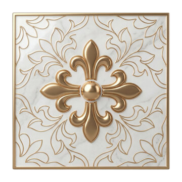 Decorative square white marble tile ornament enhanced with a symmetrical golden lily flower relief.