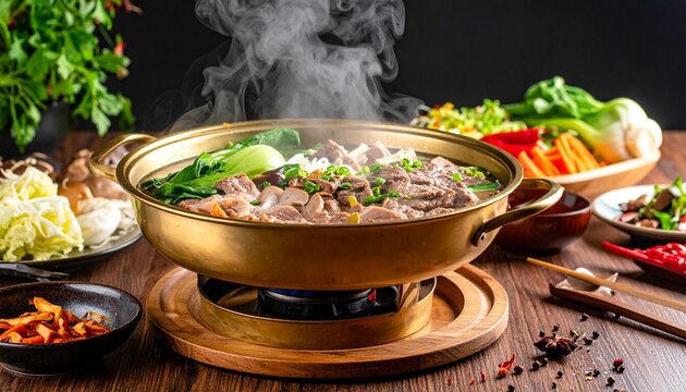 Mongolischer Hot Pot mit Fleisch, Gem&uuml;se und Br&uuml;he