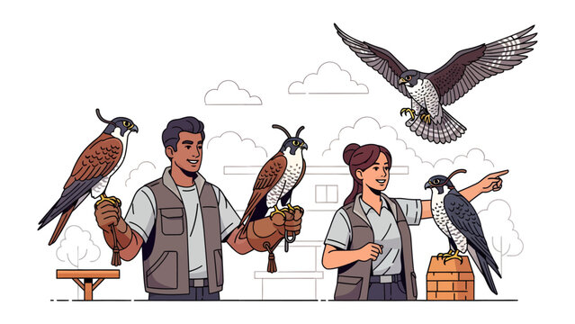 Falconers and Birds of Prey: A stylized illustration depicting skilled falconers with their majestic birds of prey.
