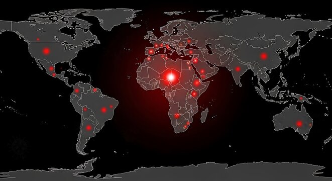 Global map showing red glowing hotspots representing virus outbreak or pandemic spread across continents on a dark digital background, for analysis