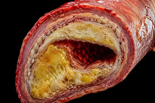  cross-section of a human artery showing advanced atherosclerotic plaque buildup, partially obstructing blood flow. Rich warm reds of flowing blood contrast with yellowish calcified plaque deposits