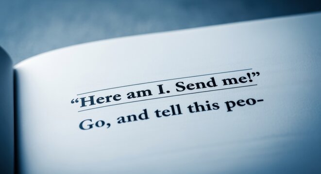 Close-up of an open book page with bolded text quoting a call to action and religious scripture