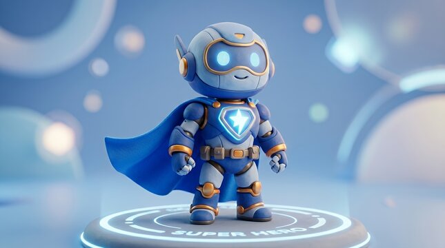 Cute 3D robot superhero character standing on glowing platform.
