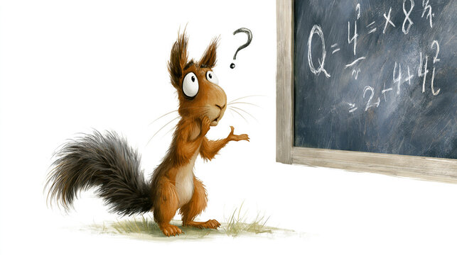 Curious squirrel looking at math equations on a chalkboard