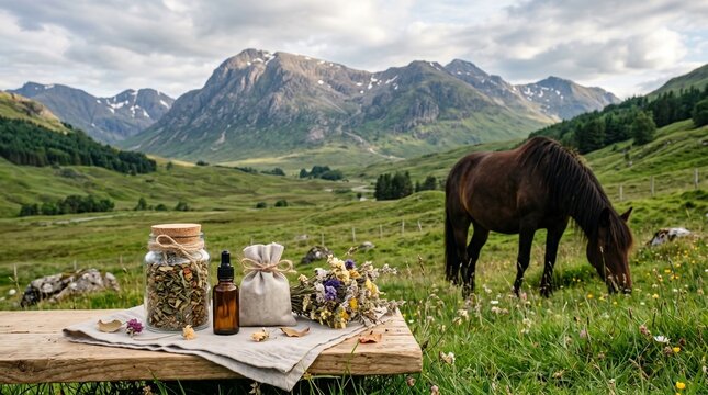 Natural herbal medicine and essential oils displayed on a wooden table in a scenic mountain valley with a grazing horse.