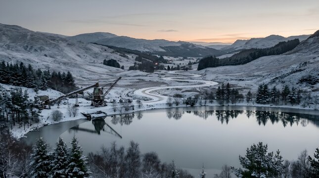 Snowy mountain landscape with abandoned mine and serene lake at dusk