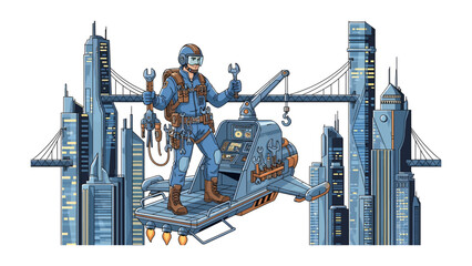 Future Mechanic in a Futuristic Cityscape: A determined mechanic, equipped with tools and riding a hovering vehicle, stands amidst towering futuristic skyscrapers, symbolizing progress and innovation. © Nirob