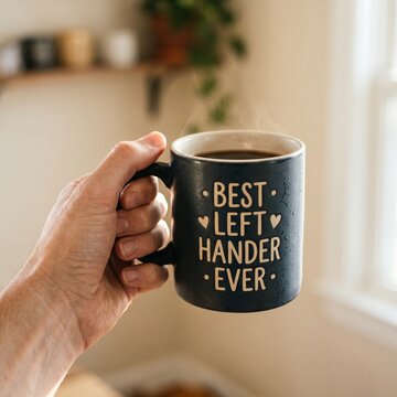Left Hand Holding Dark Ceramic Coffee Mug with Best Left Hander Ever Text on Blurred Home Background Celebrating World Left Handers Day Gift Idea