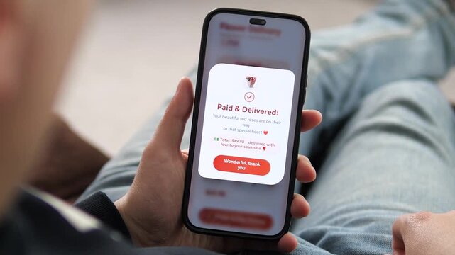 a user viewing a delivery confirmation for red roses. The interface shows a total of 49.90 dollars and a delivered with love message. Ideal for illustrating Valentines Day, romance, and special
