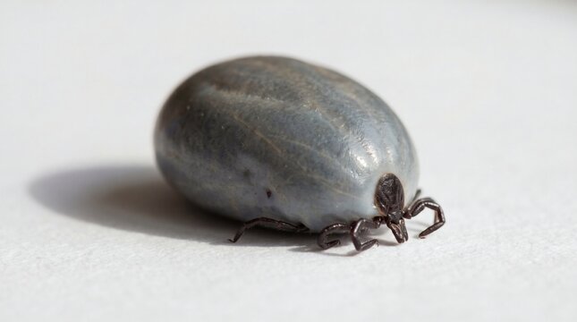 Close-up of a fully engorged tick on a white surface, isolated.
