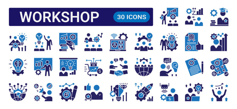 Workshop glyph icon set with dual color style featuring training, teamwork, learning, collaboration, productivity, coaching, and professional workshop concepts