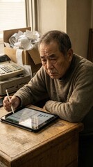 An elderly Asian man focused on his tablet, with a calculator and a box of receipts on his desk. He is wearing a brown sweater and appears to be working intently.