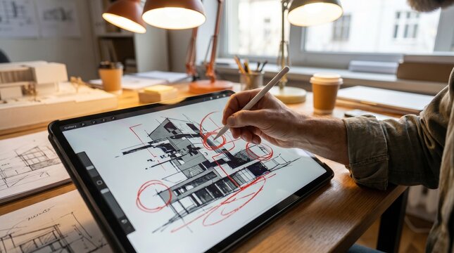 An architect designs a building on a tablet computer at a desk with architectural models and sketches. The architect is using a stylus to draw on the screen, with lamps and a window in the background