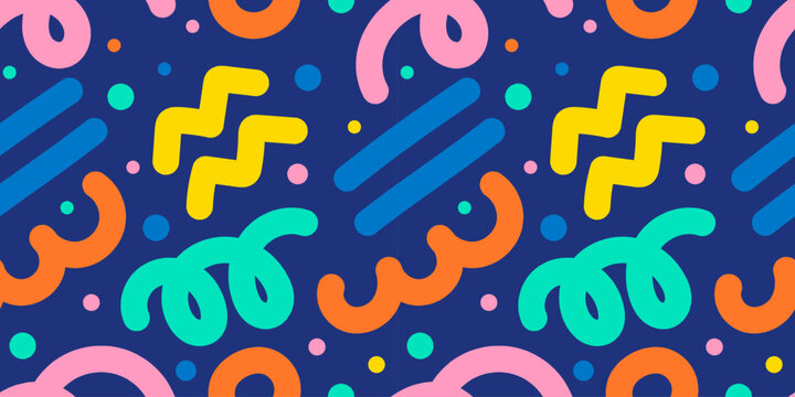 Seamless pattern in colorful memphis style featuring playful geometric shapes, squiggles, and lines on dark blue background. Vibrant vector banner for fabric prints and web headers