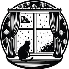 black cat sitting by rainy window, vector illustration, monochrome animal design, feline looking out window © hassanrakin