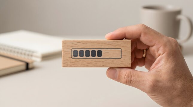 Hand holding wooden block with loading bar graphic