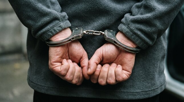 Close-up of Handcuffed Hands, Arrest and Criminal Justice Concept.