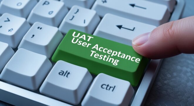 Finger pressing green User Acceptance Testing UAT key on a computer keyboard, concept for software validation