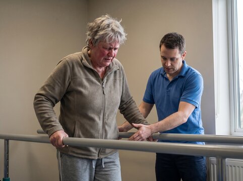 A physical therapist assisting an elderly woman with rehabilitation exercises using parallel bars. The woman is holding onto the bars for support while the therapist guides her movement.