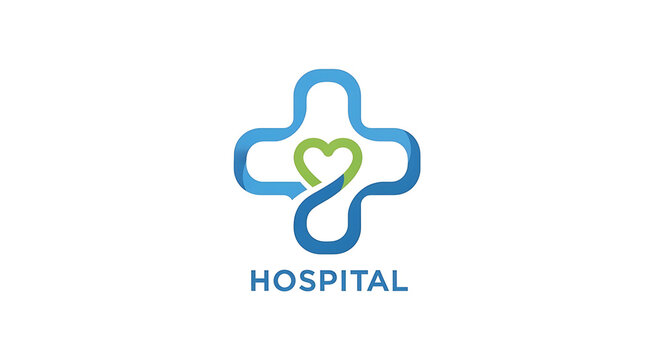Modern hospital logo with a stylized plus sign forming a heart, symbolizing healthcare and wellness
