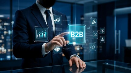 Obraz premium Professional manager pressing a glowing B2B digital button on a glass desk to activate enterprise business networking and CRM solutions