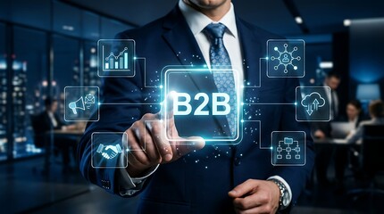 Obraz premium Businessman using B2B holographic interface during a corporate meeting to analyze enterprise digital marketing and cloud networking strategies