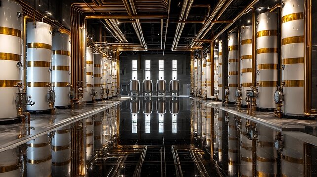 Brightly lit industrial space with an array of large cylindrical tanks and copper pipes, featuring a reflective floor