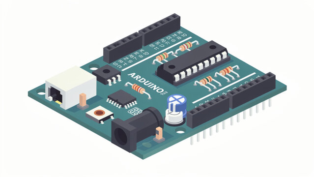 Close-up of Arduino microcontroller module with electronic components, circuit board, blue and black colors, technology device for electronics projects