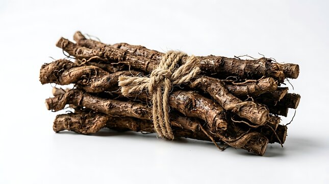 Bundle of Fresh Burdock Roots Tied with Twine on White Background